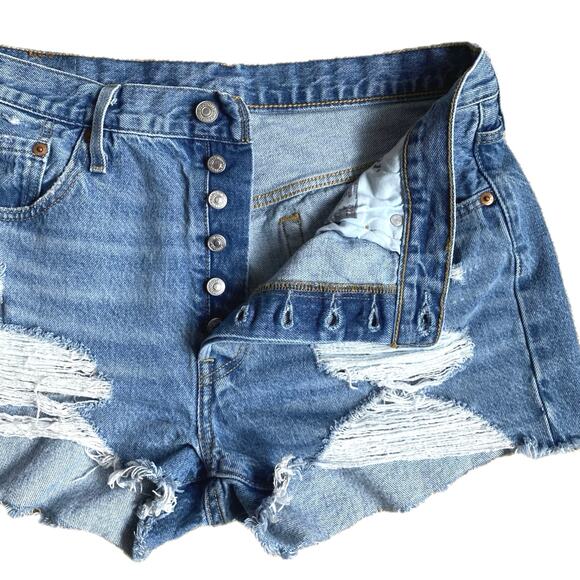 LEVI'S 501 High Rise Cut Off Denim Shorts Size 32 Quiet Riot Button Fly Festival - Picture 5 of 9
